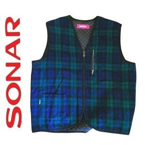 Sonar Project Blue & Green Plaid Vest  Black Quilted  Interior